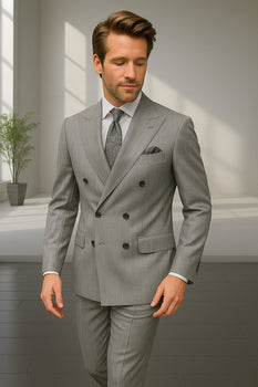 Wool Suit - Italian Made Business Suit by Statement Men's 2 Piece 100% Wool Double Breasted Suit - Pinstripe Pattern