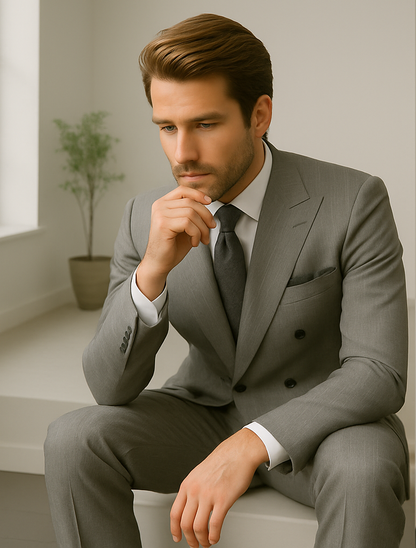 Wool Suit - Italian Made Business Suit by Statement Men's 2 Piece 100% Wool Double Breasted Suit - Pinstripe Pattern Modern Fit