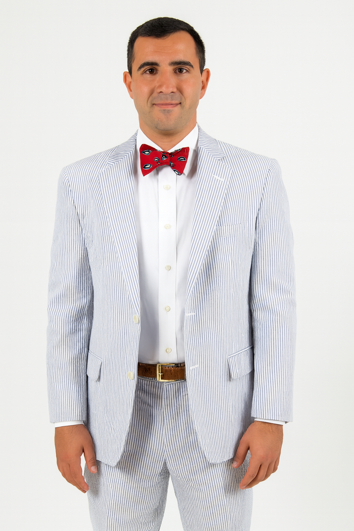 Men's Two Buttons  100% Cotton Grey/White seersucker ~ sear sucker Suit Available Big and Tall Sizes - Image 2