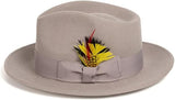 Gangster 100% Australian Wool Crushable Mens Fedora Hat - Removable Feather Gangster  Light Grey Mens Fedora Hat