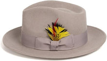 Gangster 100% Australian Wool Crushable Mens Fedora Hat - Removable Feather Gangster  Light Grey Mens Fedora Hat