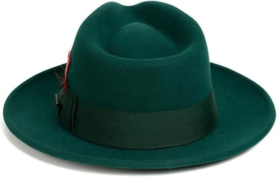 Gangster 100% Australian Wool Crushable Mens Fedora Hat - Removable Feather Gangster  Hunter Green Mens Fedora Hat