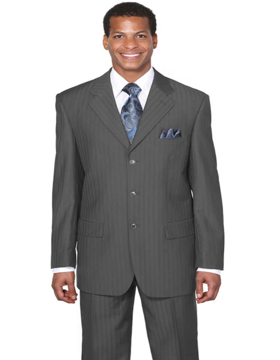 Three Button Suit - Classic Fit Pleated Pants - Mens Classic Fit 3 Button Tonal Pinstripe Grey Suit