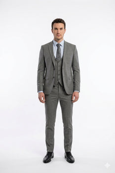 "Grey Plaid Skinny Fit Men's Suit with Two-Button Vest - Low Cut"