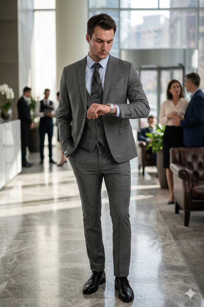 "Grey Plaid Skinny Fit Men's Suit with Two-Button Vest - Low Cut"