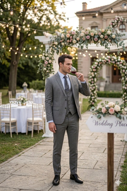 "Grey Plaid Skinny Fit Men's Suit with Two-Button Vest - Low Cut"