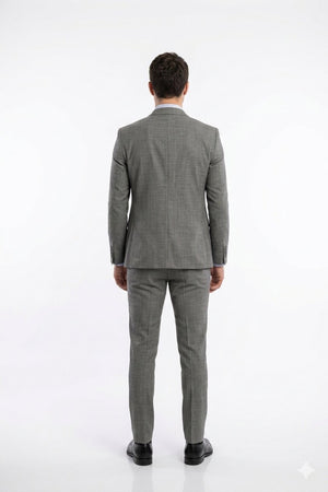 "Grey Plaid Skinny Fit Men's Suit with Two-Button Vest - Low Cut"