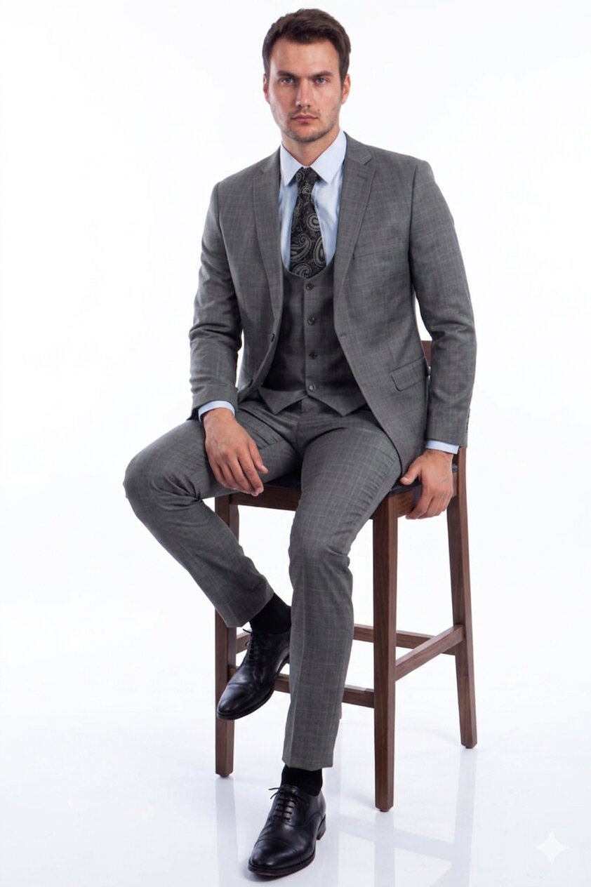 "Grey Plaid Skinny Fit Men's Suit with Two-Button Vest - Low Cut"