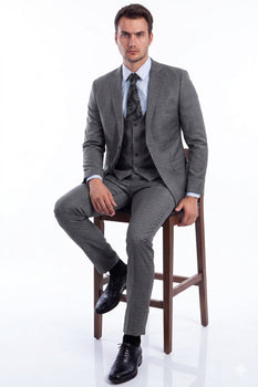 "Grey Plaid Skinny Fit Men's Suit with Two-Button Vest - Low Cut"
