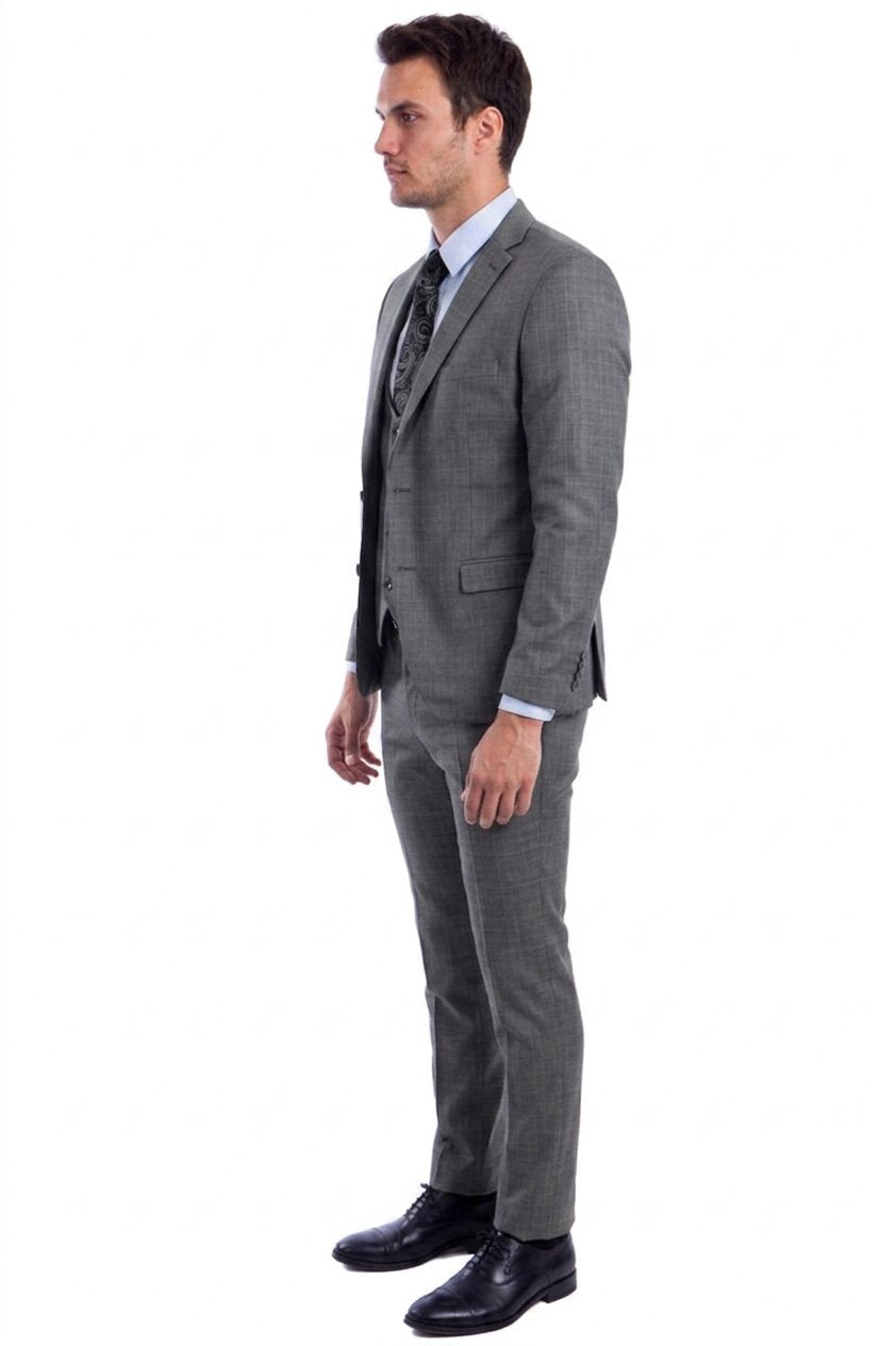 "Grey Plaid Skinny Fit Men's Suit with Two-Button Vest - Low Cut"