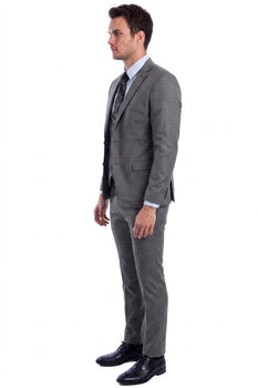 "Grey Plaid Skinny Fit Men's Suit with Two-Button Vest - Low Cut"
