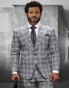Mens Italian Wool Suit Color Grey - Men's Designer One Button Peak Lapel Wool Grey Windowpane Plaid Suit