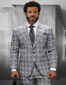 Mens Italian Wool Suit Color Grey - Men's Designer One Button Peak Lapel Wool Grey Windowpane Plaid Suit