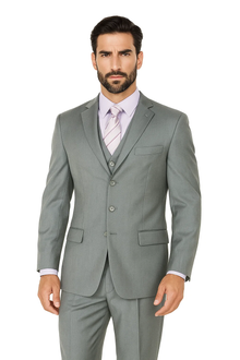 Three Button Suit - Classic Fit Pleated Pants - Mens 3 Button Classic Fit Vested Basic Grey Suit