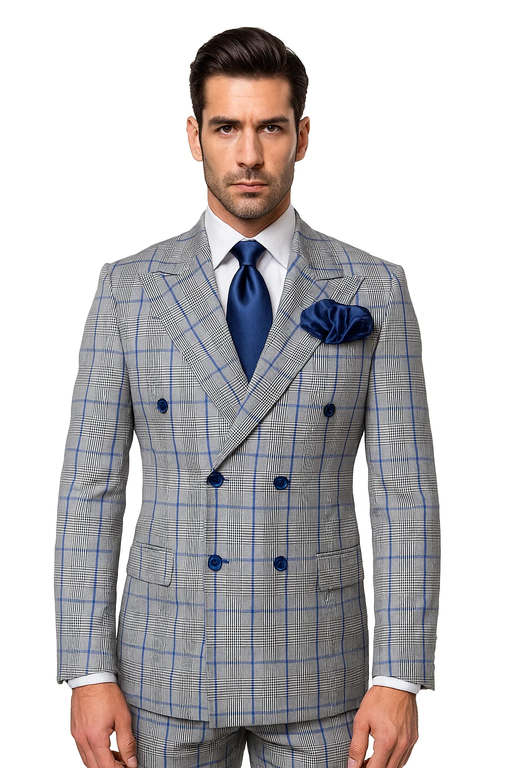 Suits With Baggy Pleated Pants - Wide Leg Pants 100% Wool - Classic Fit in Color Grey with Blue Plaid by Rossiman