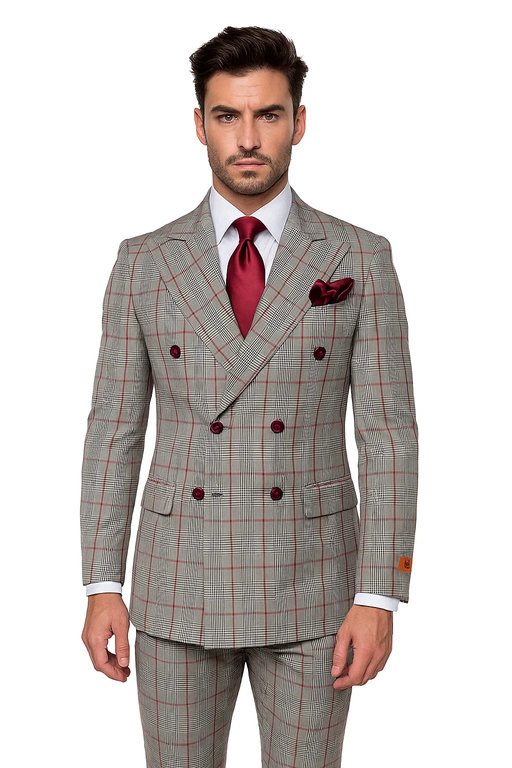 Suits With Baggy Pleated Pants - Wide Leg Pants 100% Wool - Classic Fit in Color Grey with Red Plaid by Rossiman