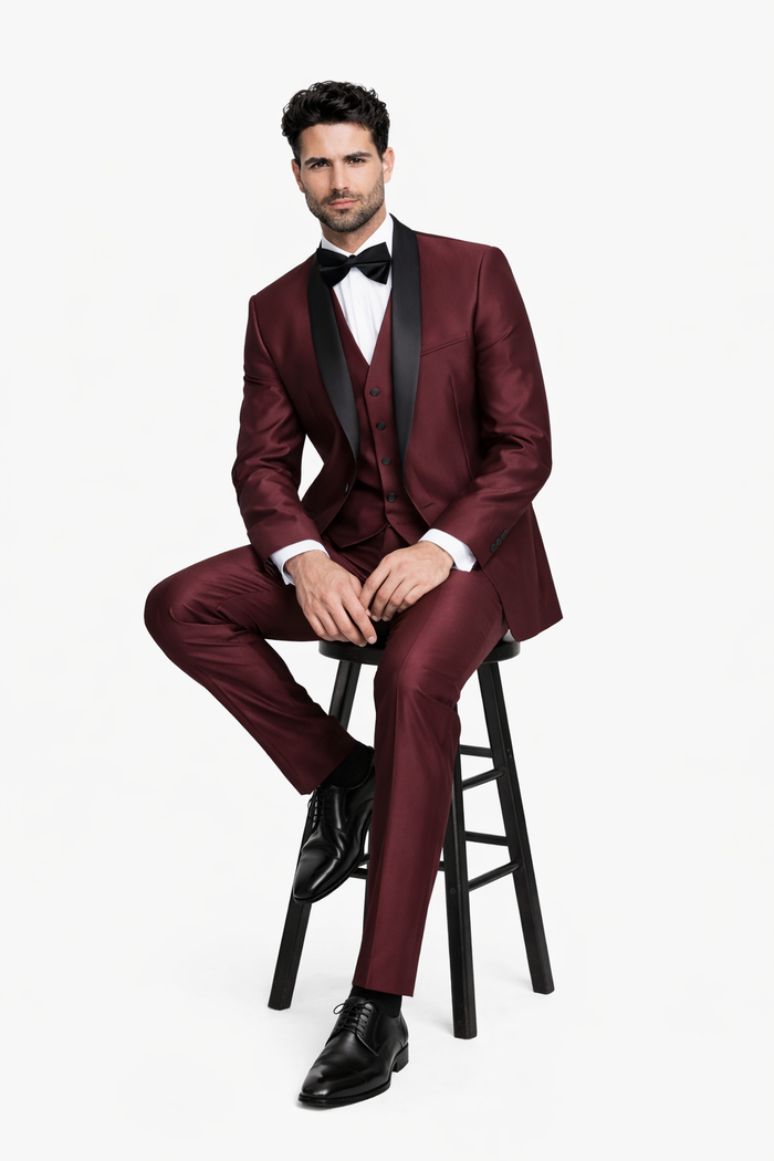 Burgundy Shiny Tuxedo Vested Suit - Sateen Sharkskin Fabric Groom Suit - Image 4