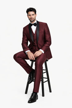 Burgundy Shiny Tuxedo Vested Suit - Sateen Sharkskin Fabric Groom Suit - Image 4
