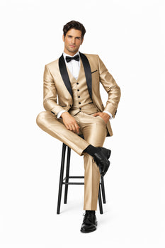 Champagne Shiny Tuxedo Vested Suit - Sateen Sharkskin Fabric Groom Suit - Image 4