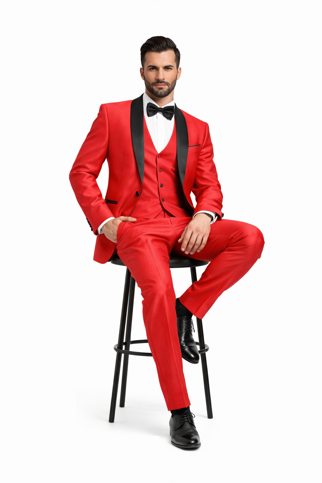 Red Shiny Tuxedo Vested Suit - Sateen Sharkskin Fabric Groom Suit
