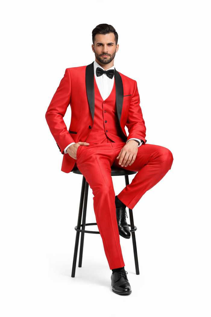 Red Shiny Tuxedo Vested Suit - Sateen Sharkskin Fabric Groom Suit