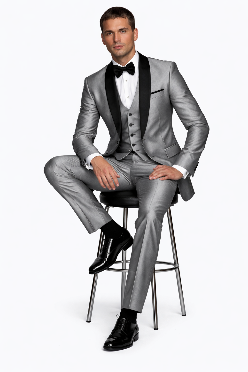 Silver Shiny Tuxedo Vested Suit - Sateen Sharkskin Fabric Groom Suit