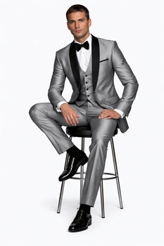 Silver Shiny Tuxedo Vested Suit - Sateen Sharkskin Fabric Groom Suit