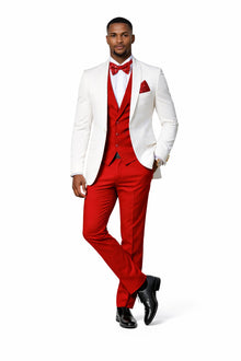 White and Red Tuxedo Wedding Suit - White Dinner Jacket + Vest + Pants + Bow-tie