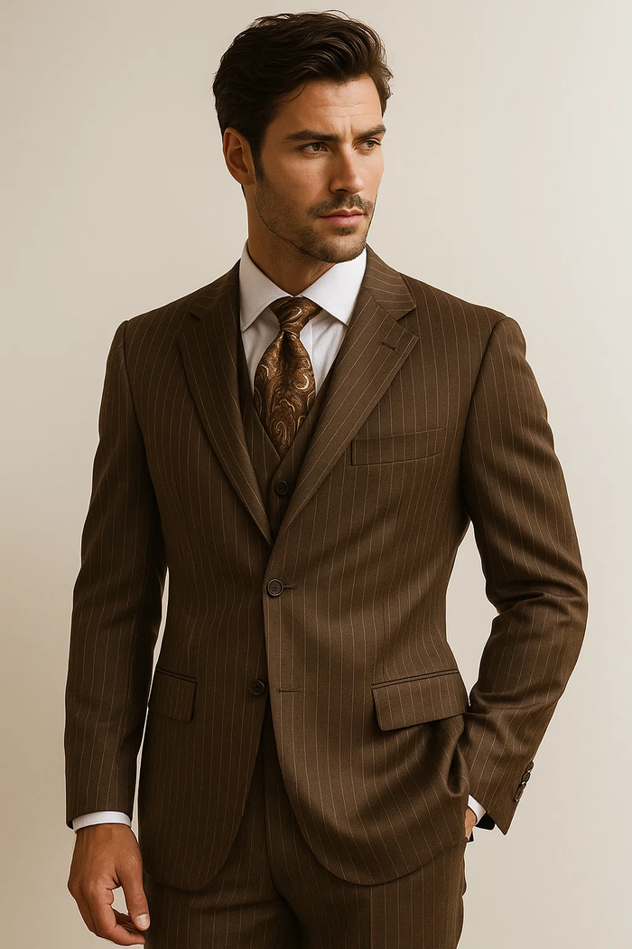 Groomsmen Suits Chocolate brown pinstripe 3 Button Cheap Priced Business Suits Clearance Sale 100% Touch Poly Rayon - Image 2