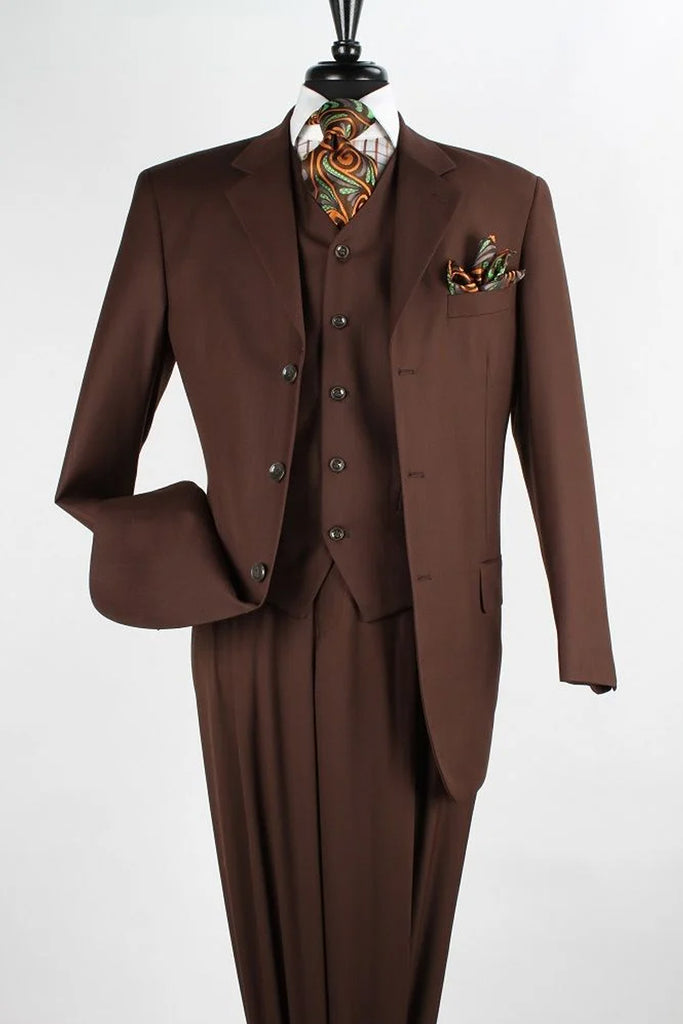Apollo King Designer Brand + Mens Classic Fit 3 Button Vested Single Pleated Pant Suit in Coco Brown