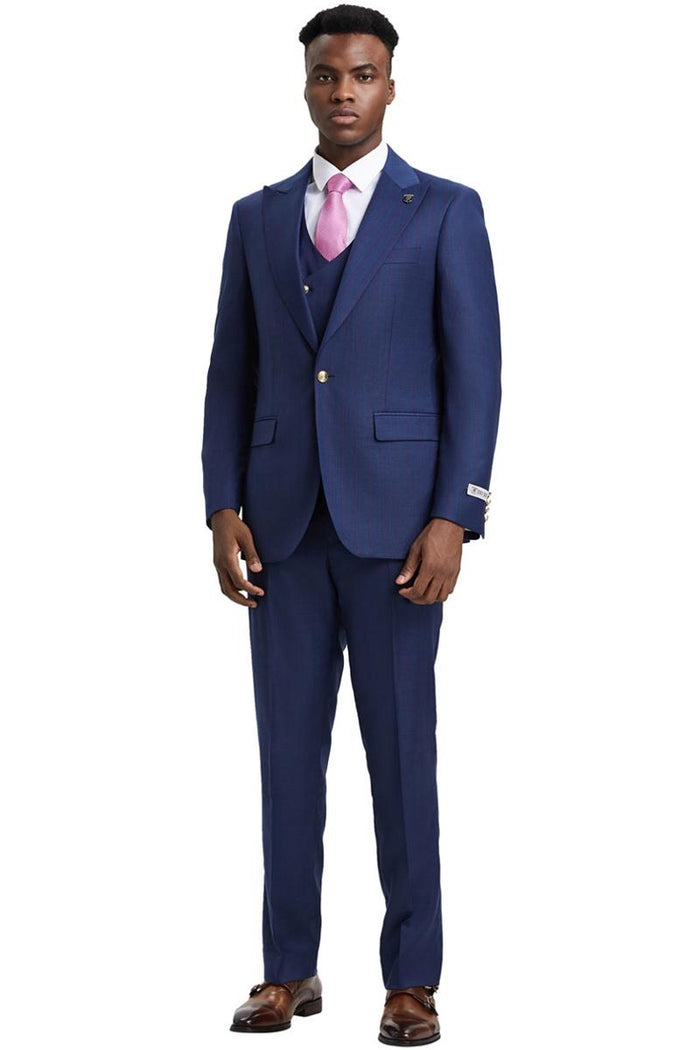Men's Stacy Adams Vested One Button Side Peak Lapel Pinstripe Suit in Navy Blue - Image 2