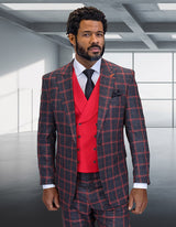Men's Designer Two Button Vested Wool & Cashmere Suit in Black & Burgundy Windowpane Plaid Modern Fit