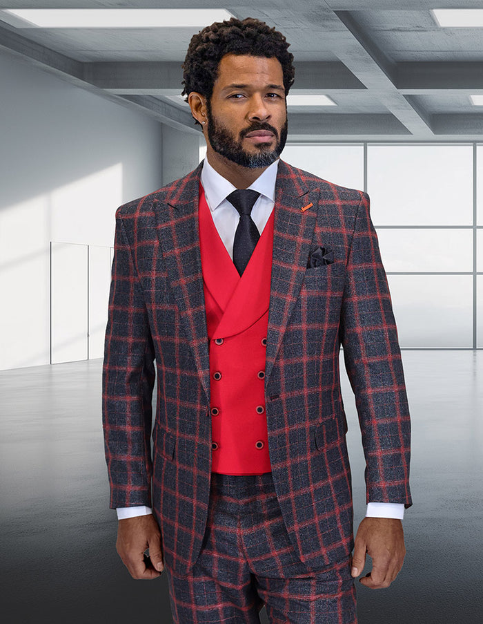 Men's Designer Two Button Vested Wool & Cashmere Suit in Black & Burgundy Windowpane Plaid Modern Fit