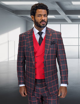 Men's Designer Two Button Vested Wool & Cashmere Suit in Black & Burgundy Windowpane Plaid