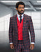 Men's Designer Two Button Vested Wool & Cashmere Suit in Black & Burgundy Windowpane Plaid