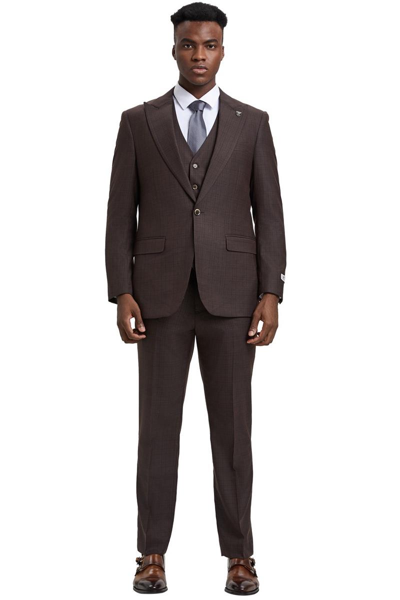 Men's Stacy Adams Vested One Button Wide Peak Lapel Windowpane Plaid Suit in Brown - Image 2