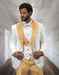 Mens White and Gold Champagne Color Satin Lapel Tuxedo Peak Lapel Modern Fit With Bowtie 4PC