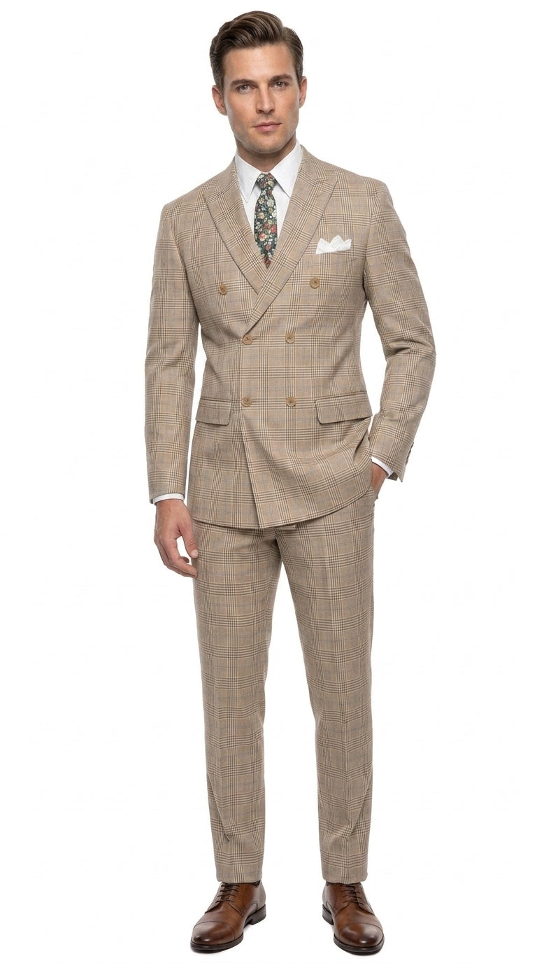 Alexander Collection Men’s Beige Double-Breasted Windowpane Suit – Regular Fit 2-Piece Wedding, Business and Formal Suit