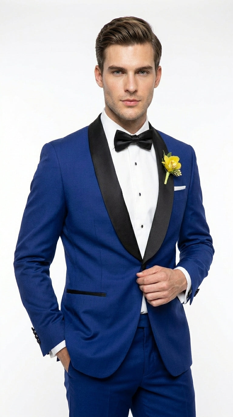 Men’s Royal Blue Tuxedo Dress Suit with Black Shawl Lapel, Formal Wedding Prom Suit