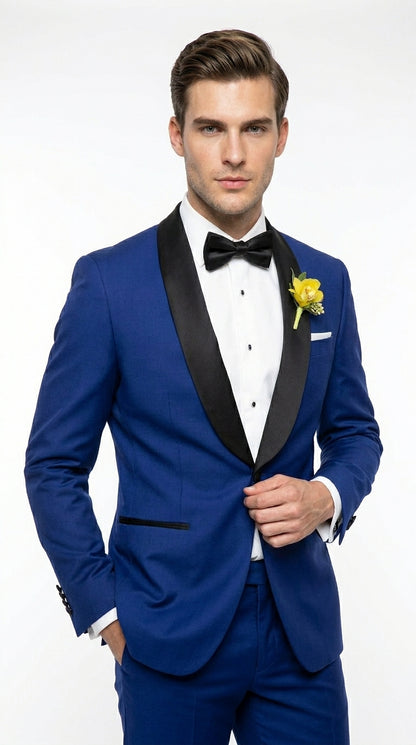 Men’s Royal Blue Tuxedo Dress Suit with Black Shawl Lapel, Formal Wedding Prom Suit
