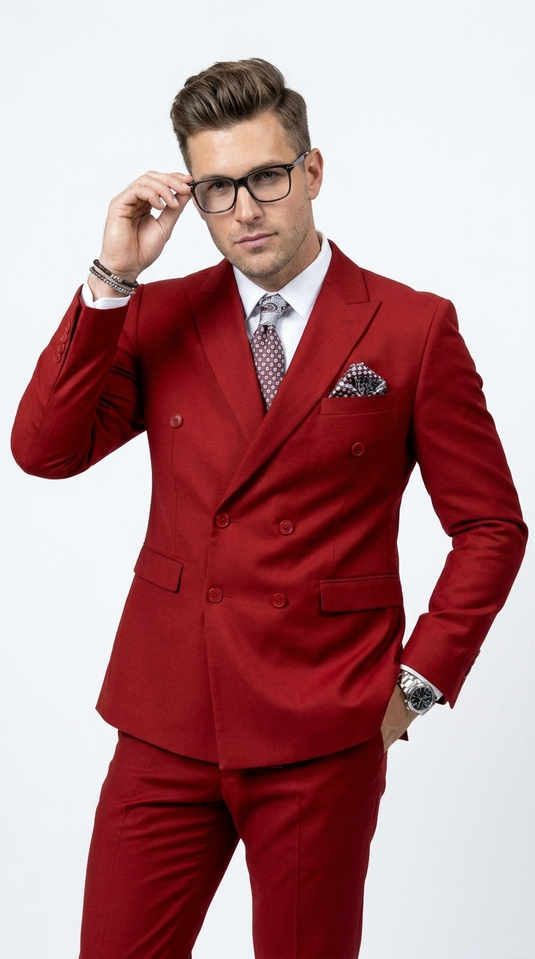 Men’s Modern Double Breasted Peak Lapel Suit – Red by EJ Samuel
