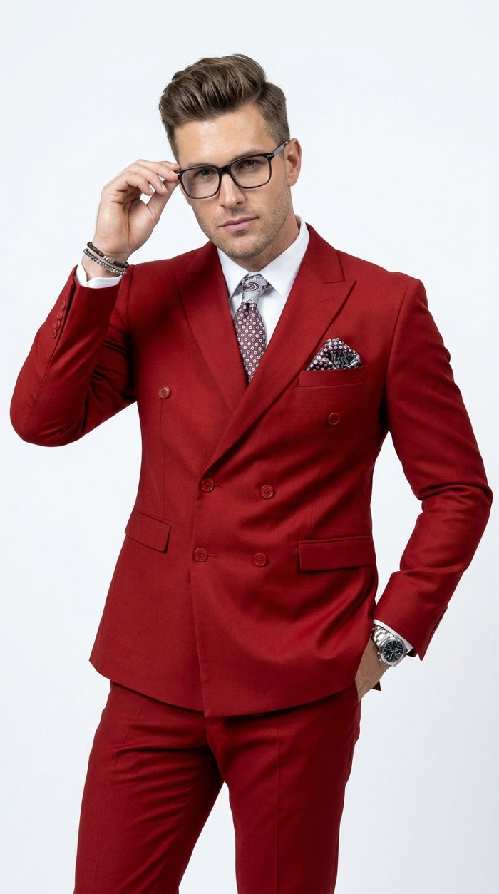 Men’s Modern Double Breasted Peak Lapel Suit – Red by EJ Samuel