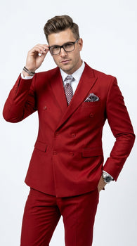Men’s Modern Double Breasted Peak Lapel Suit – Red by EJ Samuel