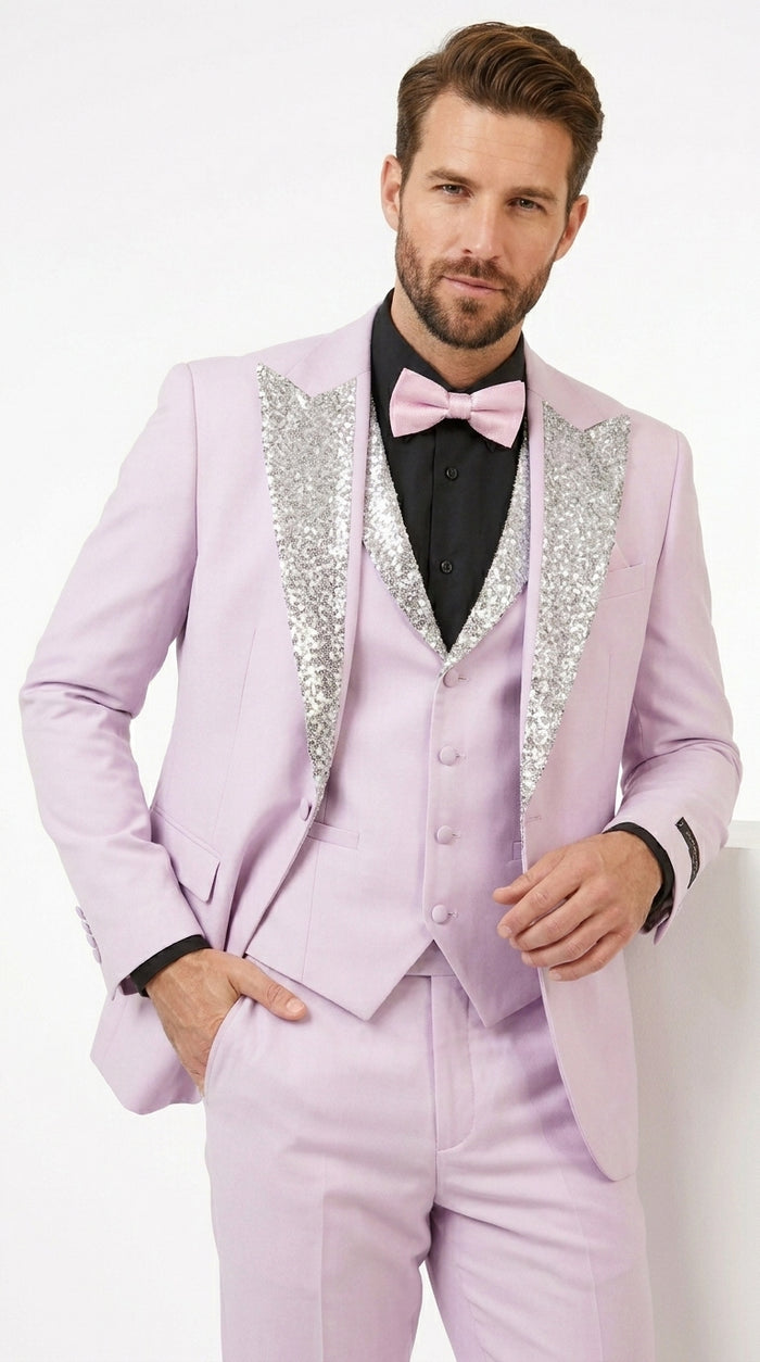 Gray and Pink Prom Tuxedo - Perfect Wedding Suit Vested rhinestone sequin Lapelled