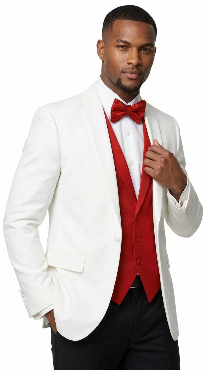 White and Red Tuxedo Wedding Suit - White Dinner Jacket + Vest + Pants + Bow-tie