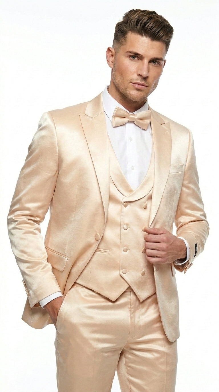 Champagne Suit - Light Gold Color Shiny Suit - Sateen Suit