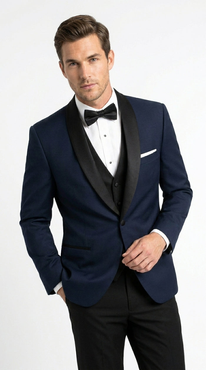 Suit Midnight Dark Navy Blue Suit For Men Tux With Black Lapel Suit Shawl Collar 1 Button Dinner Jacket Looking