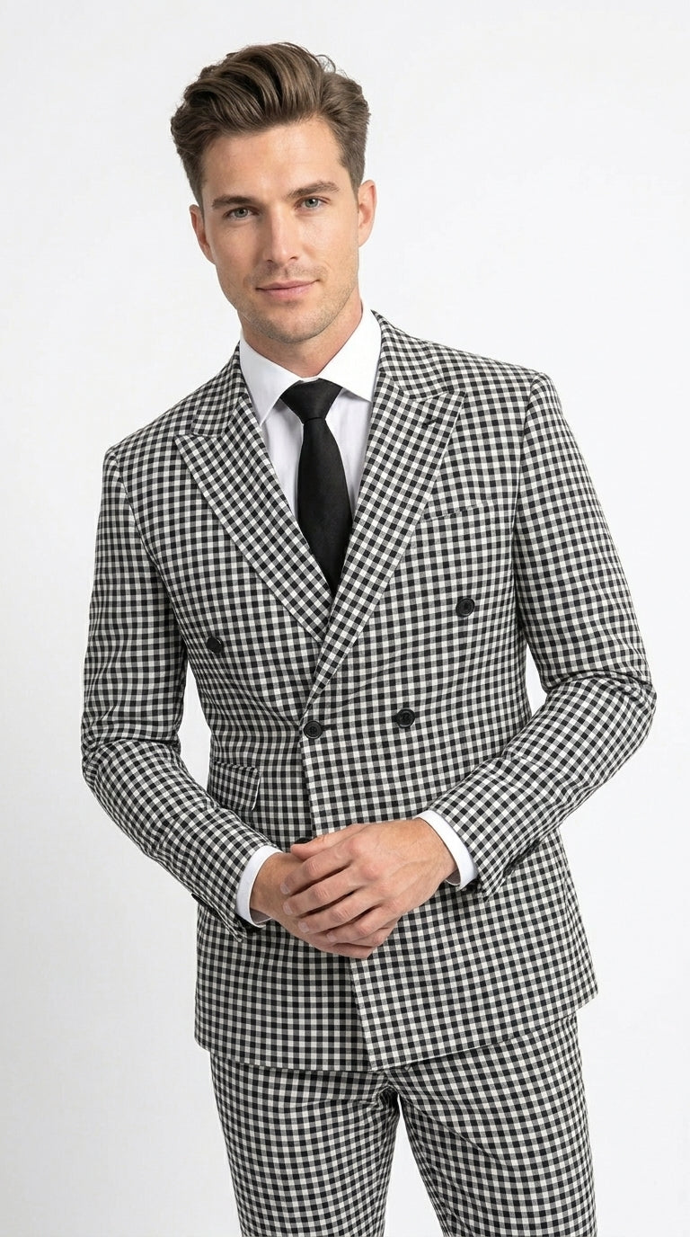 Men’s Black and White Houndstooth 2 Piece Wool Suit with Double Breasted Jacket and Pants