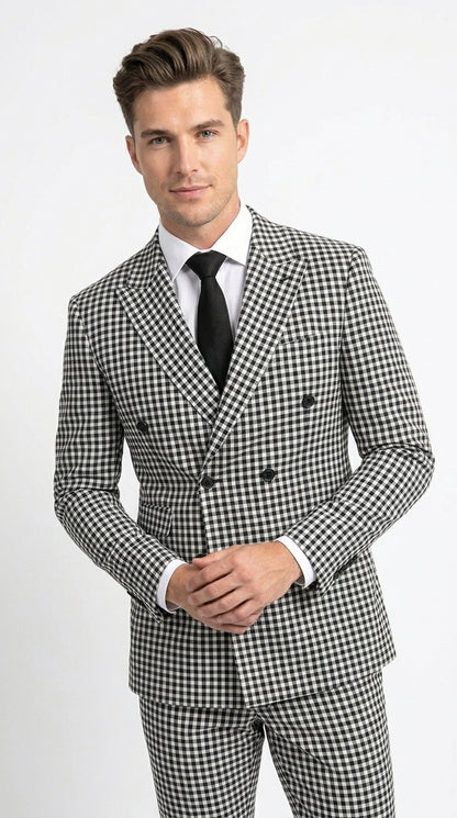 Men’s Black and White Houndstooth 2 Piece Wool Suit with Double Breasted Jacket and Pants