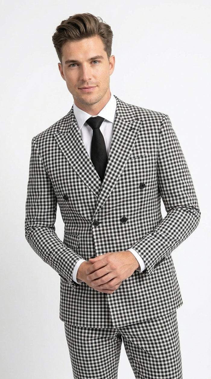 Men’s Black and White Houndstooth 2 Piece Wool Suit with Double Breasted Jacket and Pants  Modern Fit